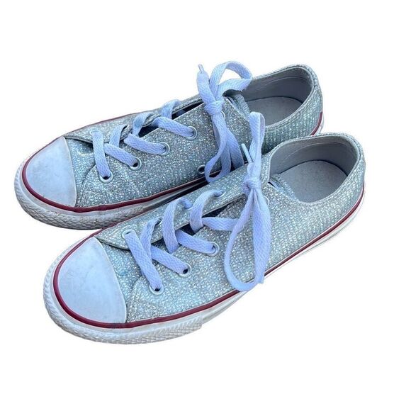 Converse Girls CTAS‎ OX Silver Glitter Sneakers Size 2 - Picture 6 of 7